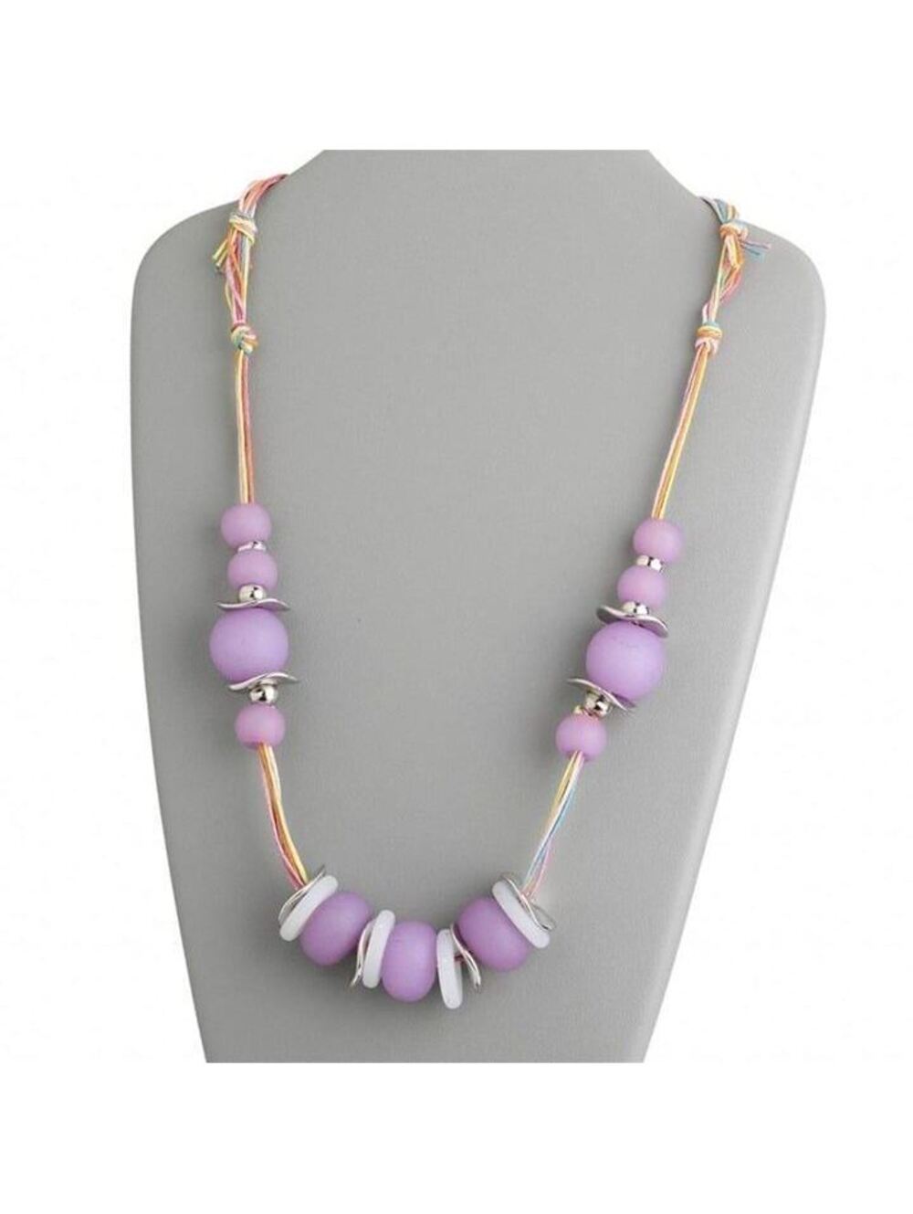 Chunky Retro Mod Purple Silver White Round Acrylic Beads Handcrafted Necklace